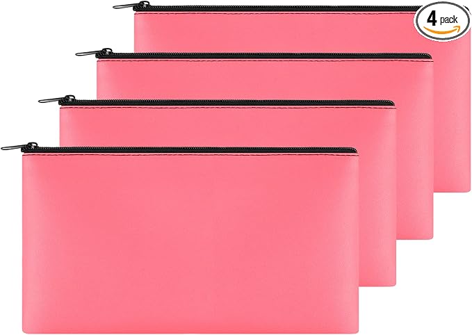 4Pack Money Bag 11 X 6" - Safe Durable Waterproof PU Leather Bank Pouch With Zipper for Cash, Coins, Checks, Bills, Receipts, Makeup, Tool Storage (Peach)