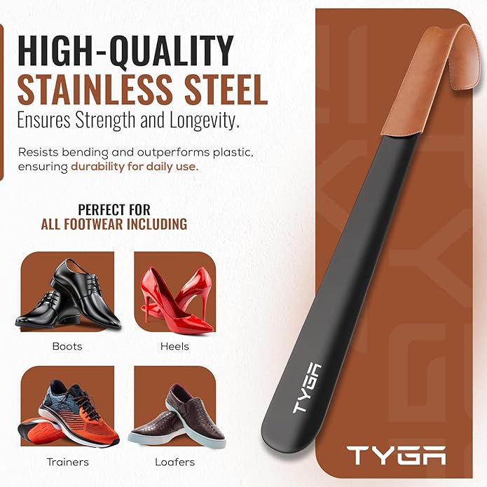 Metal Shoe Horn with Handle 42cm Long Shoe Horn with Leather Strap for Men Women Kids