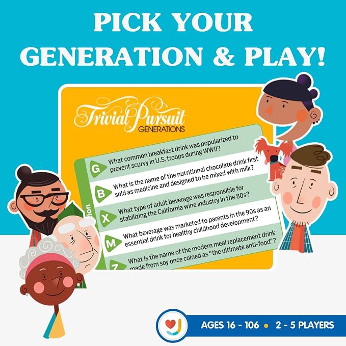 JOY FOR ALL Games - Trivial Pursuit Generations - Generational Trivia - Create Personalized Questions - Bigger Easy-to-Read Cards - Fun Multigenerational Trivia Game for Seniors, Teens, and Adults