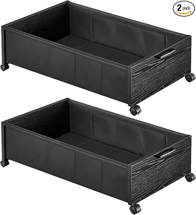 FOUCSSOMEI Under Bed Storage with Wheels, Wooden Under Bed Drawers On Wheels, Rolling Under Bed Shoe Storage, Space Saving, Black,Quadruple Size,90L