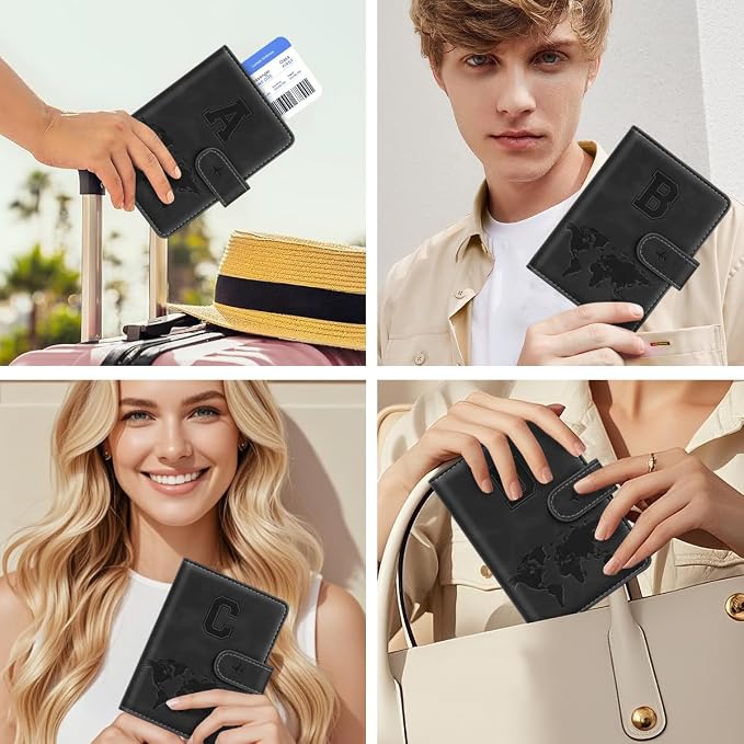 Passport Holder for Travel Essentials Personalized Initial Wallets | Embossed Letter A-Z Design, RFID Blocking, Passport Cover, Passport Book Holders, Men Women, Personalized Gifts, Black-C