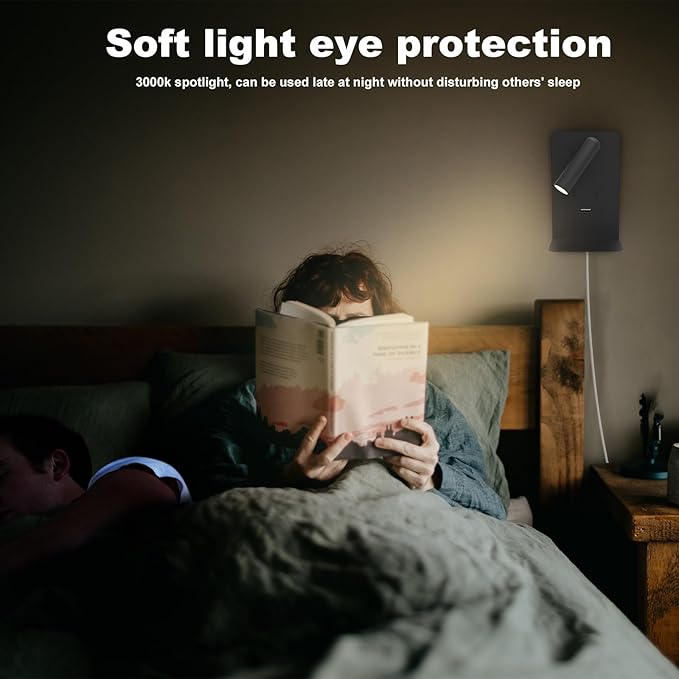 ZEROUNO Plug in Wall Sconce with Switch LED Bedside Lamp Bedroom Wall Mounted Reading Light with USB Port Wall Lighting 3000K（Black）