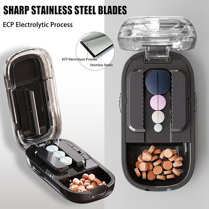 Pill Cutter Splitter for Small and Tiny Pills - Adjustable Pill Splitter with Centering Device for Cutting Multiple Pills, Precision Alignment, Easy to Use and Travel Sized (Inky Black)