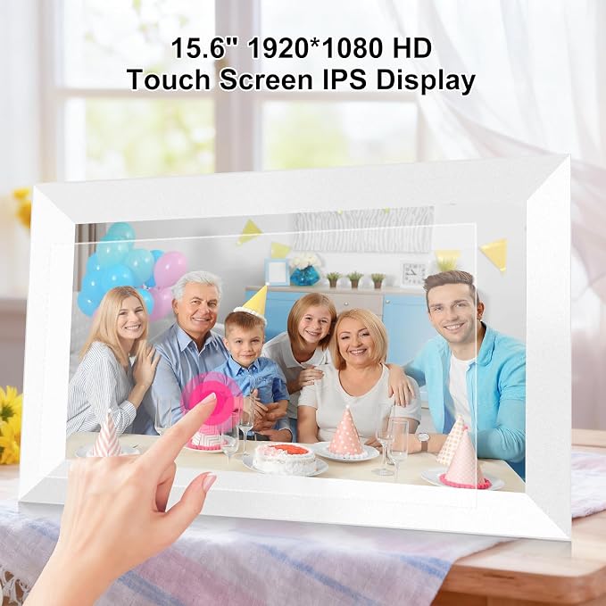 Digital Picture Frame 15.6 Inch Large Frameo Digital Photo Frame，32GB, 1920 * 1080 IPS HD Touch Screen, Electronic Picture Frame IPS Touch Screen with Auto-Rotate, Frameo Digital Frame WiFi(White)