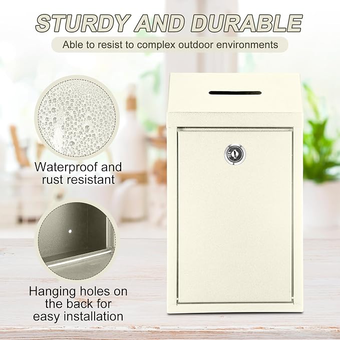 Yaocom Metal Money Box,Beige,10.24 x 5.71 x 2.95 Inch,No Lid | Wall Mounted Drop Donation Cash Box for Farm Stand Collection Safe Suggestion Box with Lock Container for Home Office Outdoor