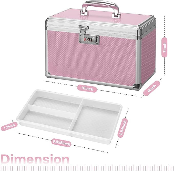 Medicine Lock Box with Combination Lock - 10 x 6 x 6.7 Inches - First Aid Safe Medication Storage Box, Personal Items Safe Case for Home and Outdoor - Pink 【No Strap】