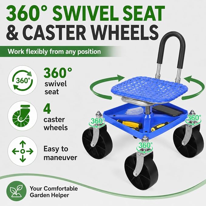 Rolling Garden Seat with Wheels, Adjustable Garden Scooter Stool with Backrest,Garden Cart with Tool Storage Tray & Backpack, Gardening Work Seat for Weeding, Planting, Yard Work (Without Backpack 1)