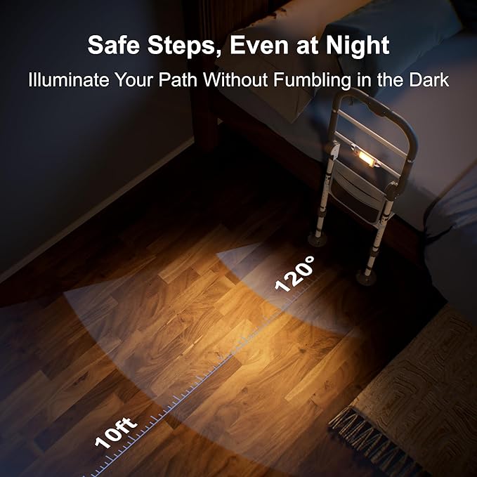 Bed Rails for Elderly Adults Safety Foldable Bed Assist Rail with Adjustable Height, Non-Slip Handle, Motion Sensor Light & Storage Pouch, Fits King Queen Full Twin Beds, Supports 350 LBS