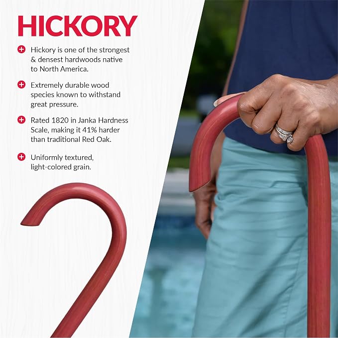 Cane Masters Handmade Wooden Classic American Walking Cane | Highly Durable American Hickory Wood Walking Cane | Ergonomic Handle and Body Grip, Anti-Slip Rubber Tip Wood