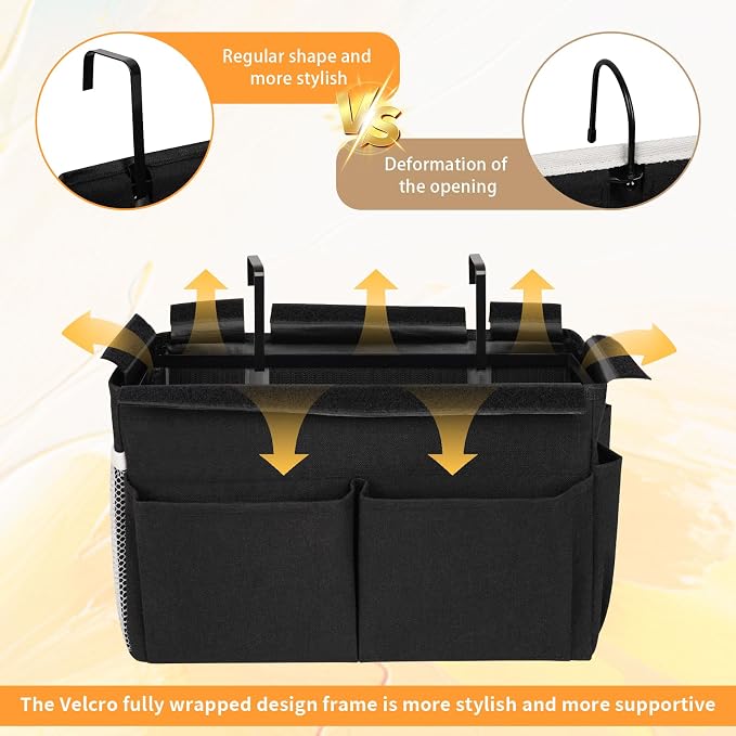 Bedside Caddy Organizer 5 Pockets and 4 Hooks for Bunk Bed Black | Hanging Storage Bag for Headboards