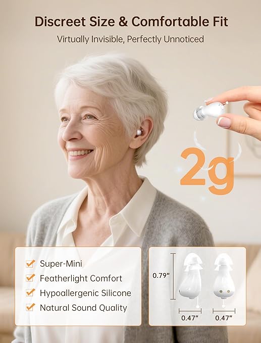 OTC Hearing Aids for Seniors, Nearly Invisible Rechargeable Hearing Aids, 100+ Hours of Charging Case Usage, Super-Mini Invisible Design, Comfort Fit in Ear Canal, AI Noise Cancellation and Clear Sound, Suitable for Various Daily Scenarios