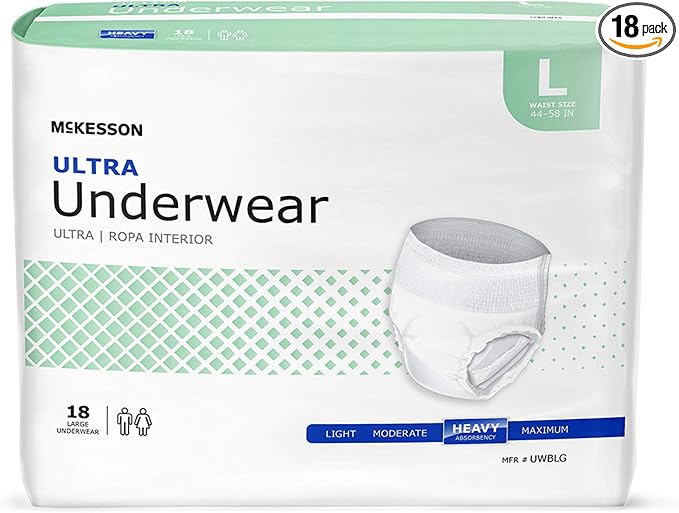 McKesson Ultra Adult Incontinence Underwear, [18 Count], Heavy Absorbency, Large, 44-58 in. Unisex Bladder Leak Protection, Pull-On Style with Tear-Away Sides, Postpartum and Incontinence Support