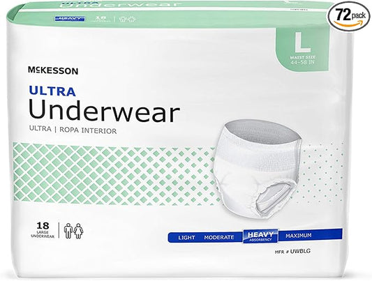 McKesson Ultra Adult Incontinence Underwear, [72 Count], Heavy Absorbency, Large, 44-58 in. Unisex Bladder Leak Protection, Pull-On Style with Tear-Away Sides, Postpartum and Incontinence Support