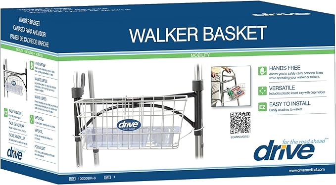 Drive Medical Walker Basket with Cup Holder for Folding Walker, White | Walker Basket Features Built-In Cup Holder for Convenient Everyday Storage on Any Folding Walker Frame