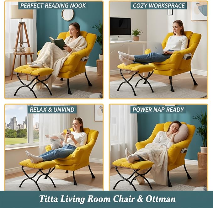 Tiita Lazy Chair with Ottoman, Modern Large Accent Lounge Armchair, Comfy Leisure Sofa Reading Chair with Footrest for Bedroom, Living Room, Dorm Rooms, Garden and Courtyard, Velvet Yellow