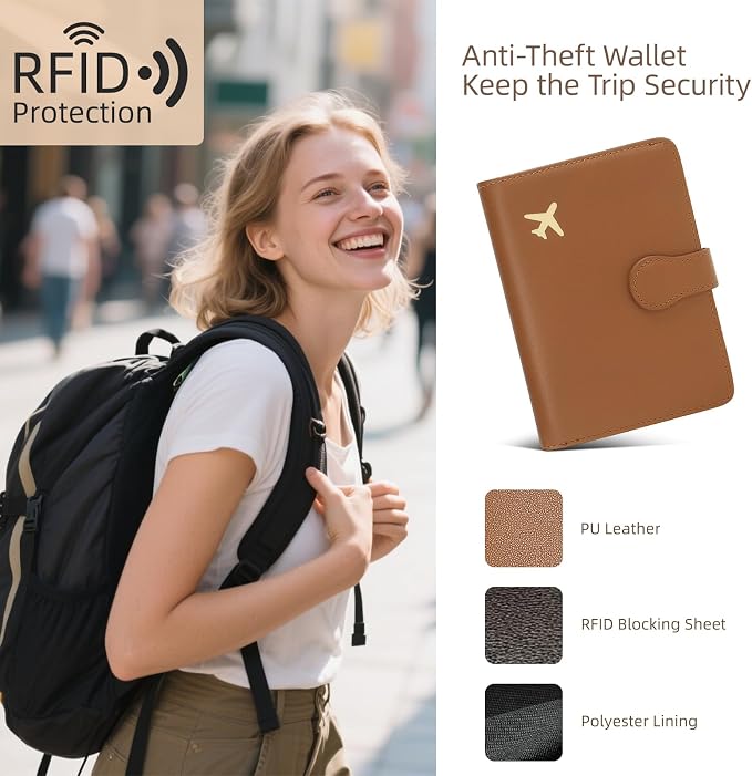 RFID Blocking Passport Holder Travel Wallet | RFID-blocking protects passport & cards. 4 slots, ID window, zipper pocket. PU leather, slim, light. Unisex brown.