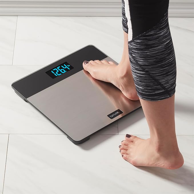 Taylor Digital Bathroom Scale for Body Weight, 400 lb Capacity, Tempered Glass Platform with Stainless Steel Accent, Large LCD Display, Weight Scale in Pounds Kilograms Stones, Set of 3