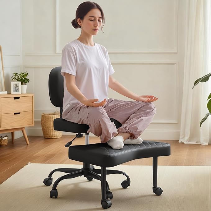 Ergonomic Cross Legged Office Chair with Wheels - Adjustable Height Kneeling Meditation Chairs for ADHD, Yoga & Desk Work - Wide Criss Cross Seat with Lumbar Support, Black