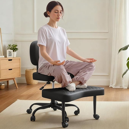Ergonomic Cross Legged Office Chair with Wheels - Adjustable Height Kneeling Meditation Chairs for ADHD, Yoga & Desk Work - Wide Criss Cross Seat with Lumbar Support, Black