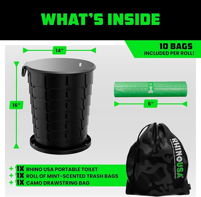 Rhino USA XL Portable Toilet for Camping (400lb Capacity) - Adjustable | Retractable, collapsible design. Adjustable height 4-16in. For adults & kids, camp, RV, boat or car use. Black