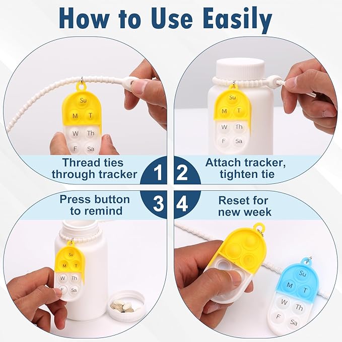 6 Pack Medication Pill Tracker Pill Reminder with Ties Reusable Daily Pill Tracker Portable Pill Bottle Tracker with Button 7 Day Memory Aid Medication Dose for Bottles The Elderly