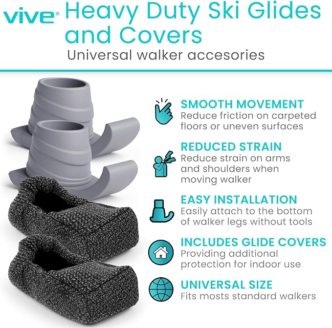 Vive Walker Ski Glides and Covers (4 PCS) - Senior & Elderly Accesories | Folding Walkers - Feet Sliders for Back Legs - Replacement Part, Slides Easily - Gliders for Hardwood Floor & Outdoor Use
