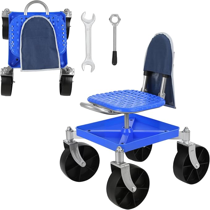 Rolling Garden Seat with Wheels, Adjustable Garden Scooter Stool with Backrest,Garden Cart with Tool Storage Tray & Backpack, Gardening Work Seat for Weeding, Planting, Yard Work (with Wrench)