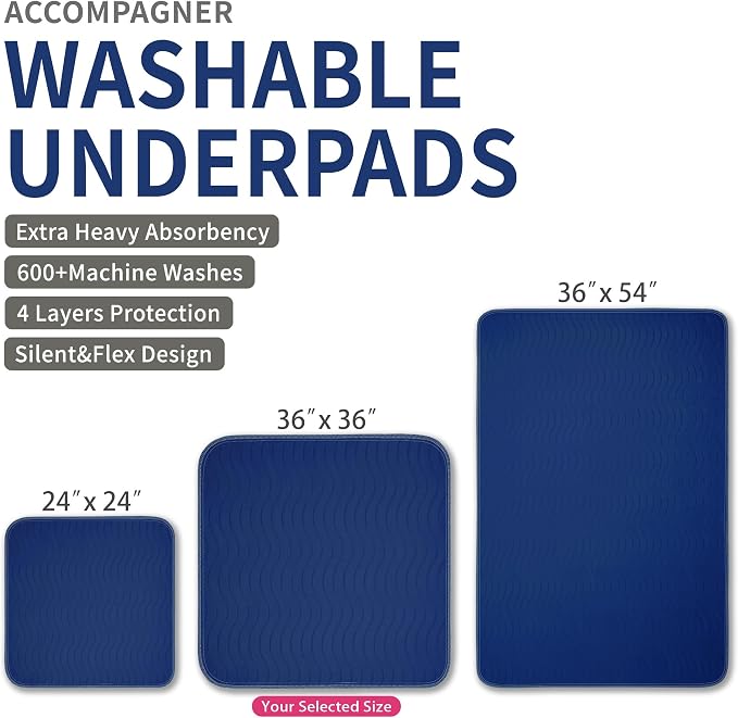 Accompagner Incontinence Bed Pads Washable Waterproof, Ultra-Absorbent Reusable Underpads for Diaper Changing, Nursing, Bedridden, Adults, Seniors, Kids and Dogs (Navy, 36"x36"(Pack of 6))