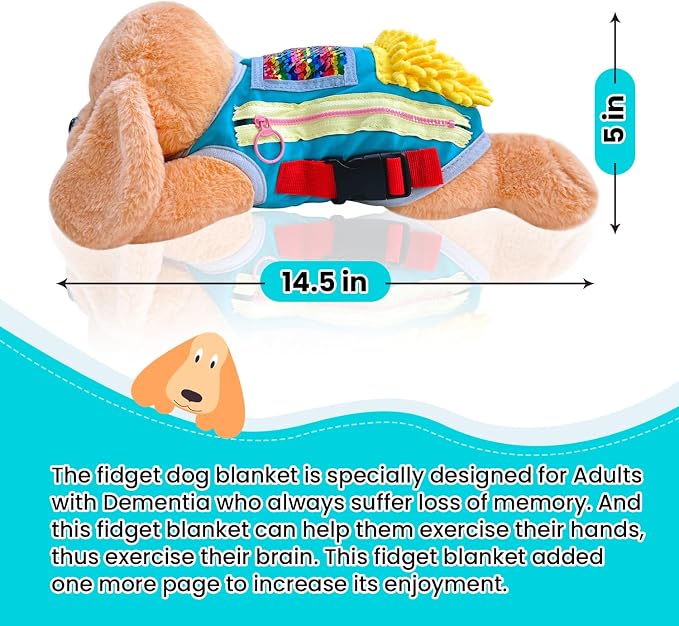 Fidget Blanket for Dementia, Fidget Dog Blanket for Elderly, Fidget Sensory Dog Blanket for Seniors with Alzheimer’s, Dementia Products for Elderly