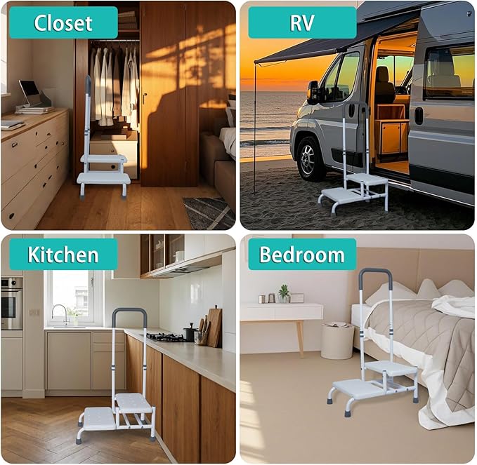 2 Step Stool with Handle for Elderly, Bed Steps for High Beds for Adults, Non Slip Platform and Adjustable Handrail, for Kitchen Bathroom RV Bathtub, Assist Rail for Elderly, Seniors, Hold up to350LBS