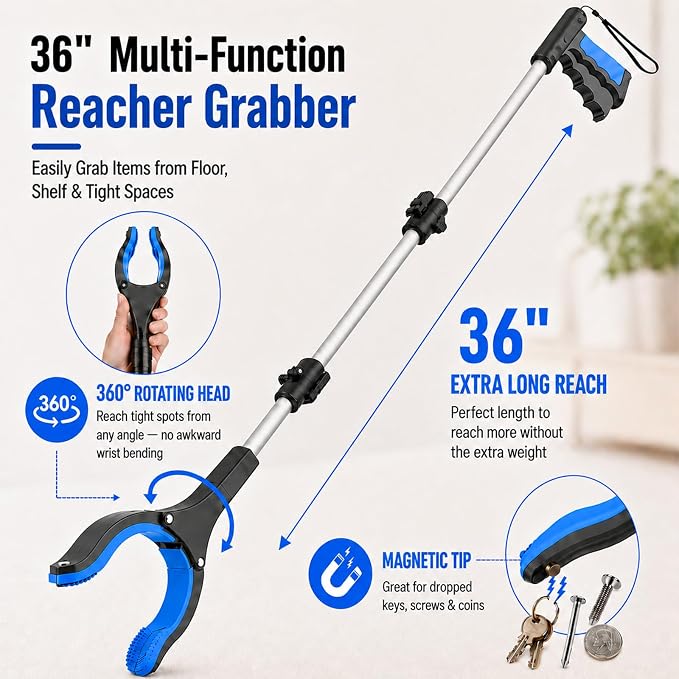 36" Grabber Reacher Tool, Reacher Grabber Pickup Tool with 4" Wide Anti-Slip Jaw, Rotating Head and Magnetic Tip, Grabbers for Seniors, Post-Surgery Use Heavy Duty, Blue