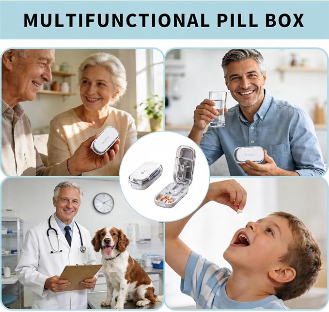 Pill Cutter Splitter for Small and Tiny Pills - Adjustable Pill Splitter with Centering Device for Cutting Multiple Pills, Accurate Alignment and Easy to Use, Storage Organizer (Gray)