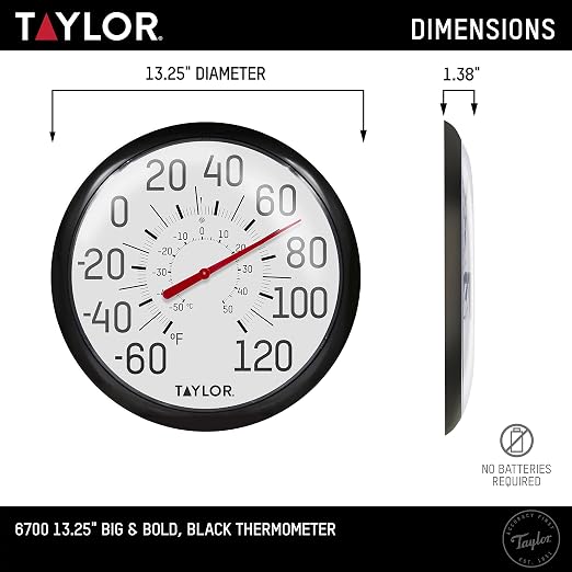 Taylor Big and Bold Wall Thermometer, Indoor Outdoor Thermometer, Wireless Thermometer with Easy to Read Numbers for Patio, Pool, and Indoor Areas, 13.25-inch, Black
