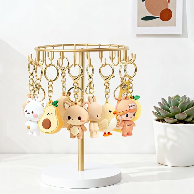 Dahey Keychain Holder Display Stand for Vendor, 22 Hooks Organizer for Desk | Space-Saving, Versatile Storage Keychain Bracelets Bag Charms for Study Entryway Decor, Sturdy Wood, Easy Assembly, Gold