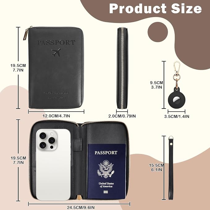 RFID Blocking Passport Wallet, Passport Holder for Travel, Brown | Concealed Wallet with Tracker Case, Security Travel Document Organizer Protector Case, All-in-One Wallet, Travel Essentials