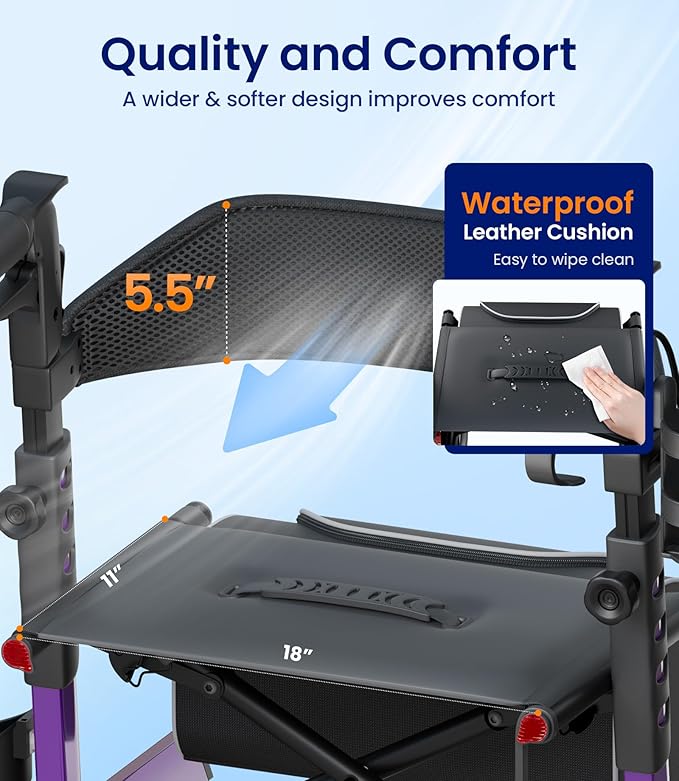 VOCIC Walker with Seat for Seniors, Z57 Outdoor Rollator Walker with 12" All Terrain Big Wheels, 7-Level Adjustable Height Rolling Walker with Safety Brakes, Storage Bag, Cup Holder