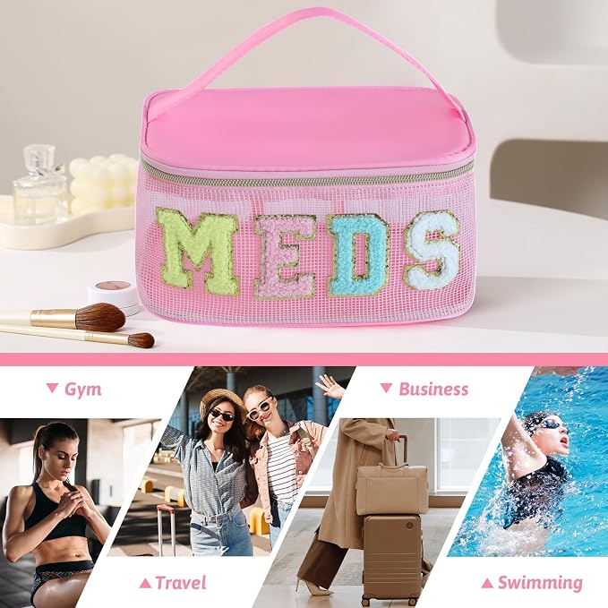 Medicine Bag, Portable Meds Bag with Chenille Letters, Breathable Mesh Makeup Bag Organizer for Travel, Pill Storage & Cosmetic Collection