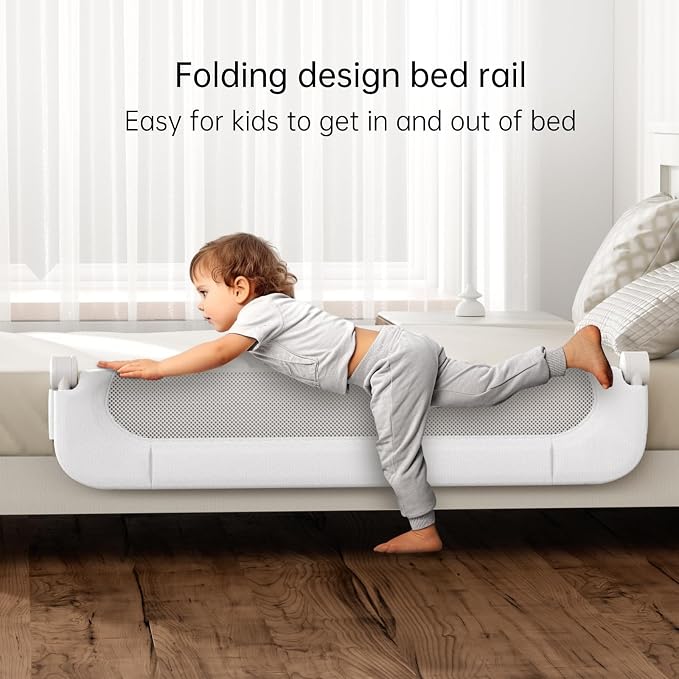 UPGOGO Folding Bed Rail for Toddlers, White, 59" L x 23.6" H | U-shaped base，Reinforced Anchors, Built-in Sponge , Secure lock