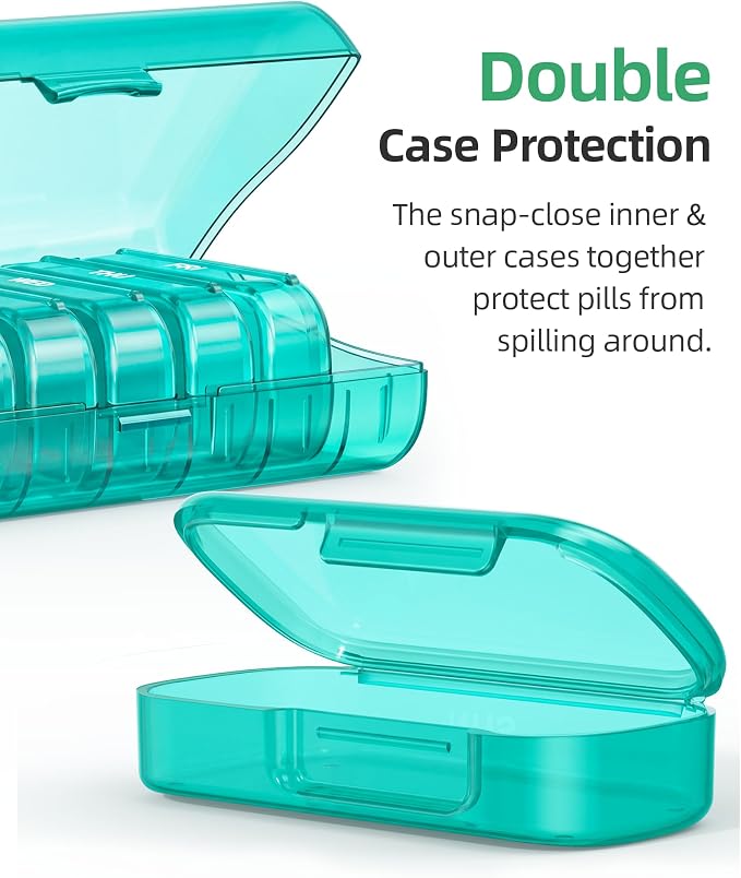 PULIV Weekly Pill Organizer with Large Capacity, Dual Protection Pill Box 7 Day, Arthritis Friendly Pill Case Easy to Open, Medicine Organizer for Vitamins, Medications, Fish Oils, Supplements (Cyan)