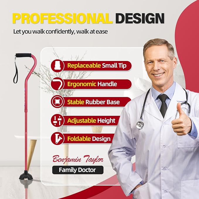 BeneCane Walking Cane Adjustable Cane with Offset Soft Cushioned Handle for Men & Women Lightweight Comfortable Extra Stability Base Mobility Aid for Men Women and Seniors