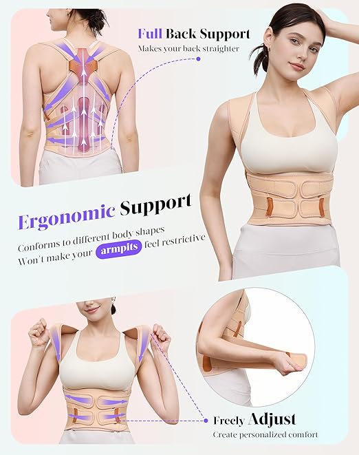 Posture Corrector for Women and Men, Full Back Support Brace, Adjustable Shoulder Straightener, Improving Posture, Relief Upper and Lower Back, Neck Pain, Beige, Small
