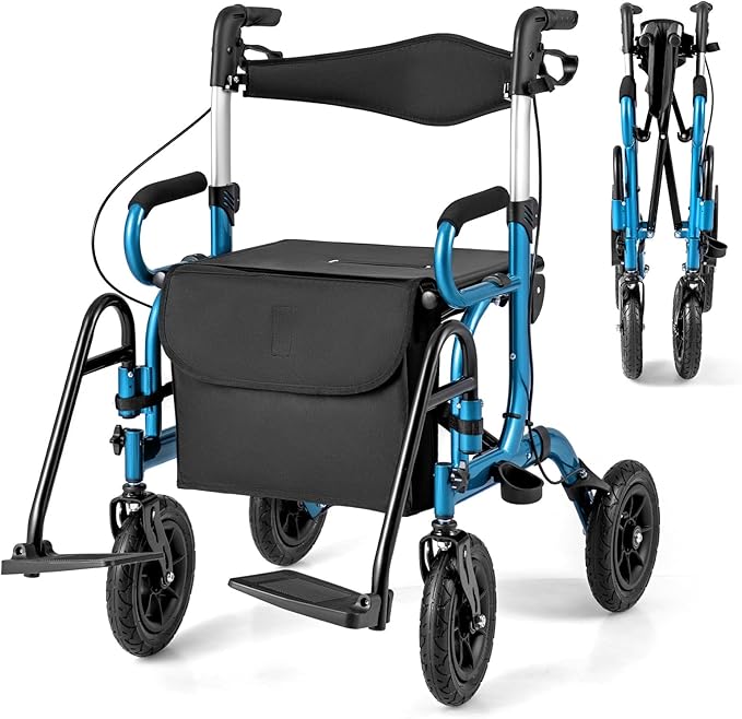 Goplus Walkers for Seniors with Seat, 2 in 1 Folding Rolling Rollator Walker & Wheelchair Combo with Brakes, 9" Pneumatic Tires for All Terrain, Aluminum Adult Mobility Walking Aid