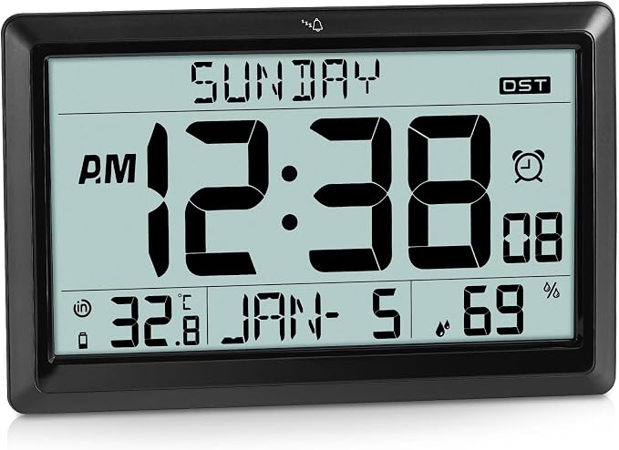 SZELAM Atomic Clock,10.5"Large Display Digital Wall Clock Battery Operated,Digital Calendar Auto Setting Desk Clocks with Indoor Temperature,Humidity,Date,Day,Auto DST for Elderly Bedroom-No backlight