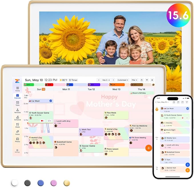 Westsee 15.6" Digital Wall Calendar Frame – Interactive Touchscreen Eletronic Calendars, Smart Family Planner for Schedule, Photo Display, Meals, Chore Chart & Tasks, Wall & Desk Mountable (Gold)