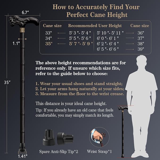 Wooden Walking Cane, 3D Dragon Engraved Cane Support up to 400 lb, Canes for Seniors Men Women of Different Heights