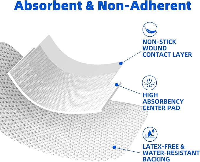 Niceful 50 Count Adhesive Gauze Island Dressing 4" x 4", Water-Resistant Wound Dressing Bandages, Sterile & Absorbent Medical Grade Adhesive Pads, First Aid Pads FSA Eligible