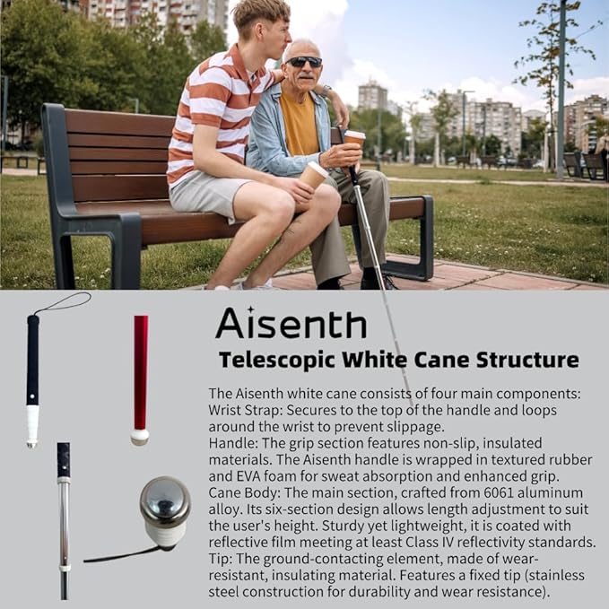 Telescopic Retractable White Cane for Blind-Foldable Mobility Stick with Wrist Strap&Storage Pouch,Non-Slip Sweat-Absorbent Handle,Fixed Alloy Tip|Lightweight Portable Blind Walking Cane Stick