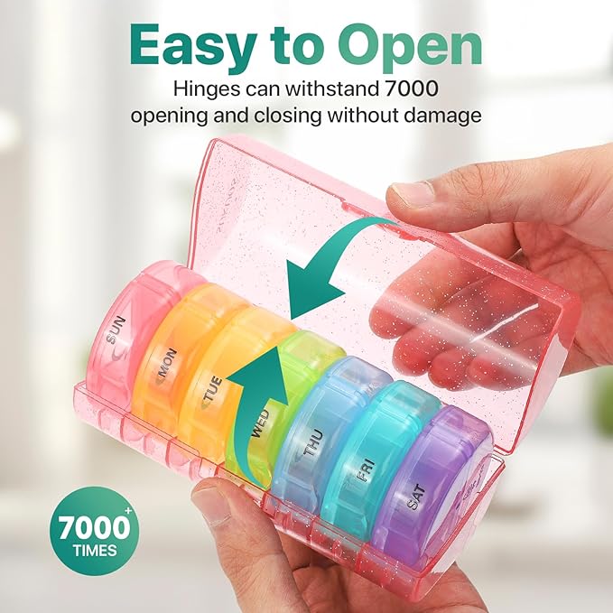 Sukuos Large Weekly Pill Organizer 2 Times a Day, Daily Pill Box 7 Day Easy to Open with Double Protection, AM PM Pill Case for Medicine/Vitamin/Fish Oil/Supplements (Glitter Pink)