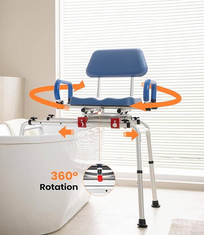 VOCIC Sliding Shower Chair with Swivel Seat, Swivel Tub Transfer Bench, Shower Bench for Elderly, Adjustable Height Bathtub Bench with Armrests & Swivel Padded Seat & Safety Belt, AX19