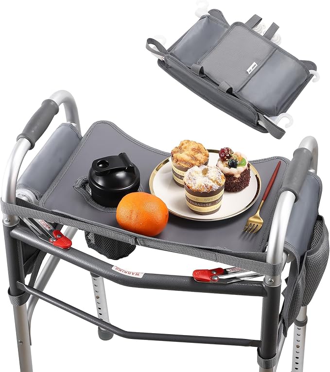 Walker Tray for Folding Walker, Non Slip Mobility Table for Seniors, Fits Most Standard Folding Walkers, Multi Functional Removable Tray, Portable Multipurpose Walker Accessories